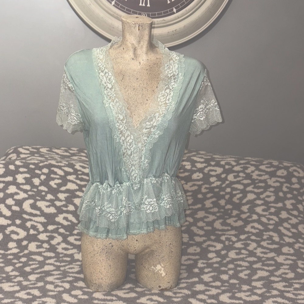 POL Lace Trimmed Teal/Mint green Blouse